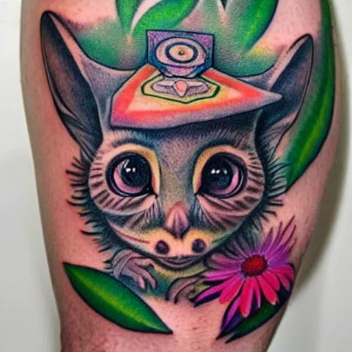 Image similar to shoulder tattoo of a multicolored psychedelic cute bushbaby, eyes are colorful spirals, surrounded with colorful flowers and marihuana leaves, insanely integrate