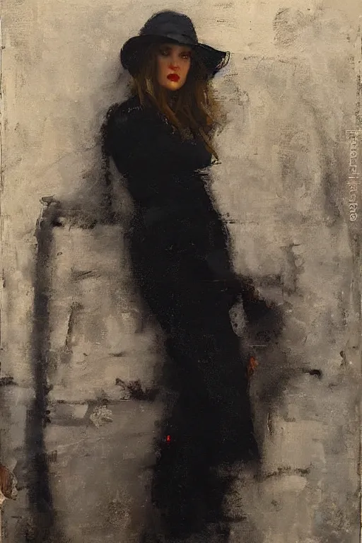 Prompt: Richard Schmid and Jeremy Lipking full length portrait painting of film noir femme fatale