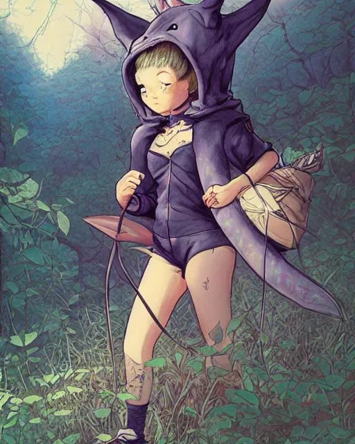 Image similar to a girl in a cute bat costume on a hike in the appalachian mountains, full shot, focused, ambient lighting, detailed, art by ayami kojima, makoto shinkai, kilian eng