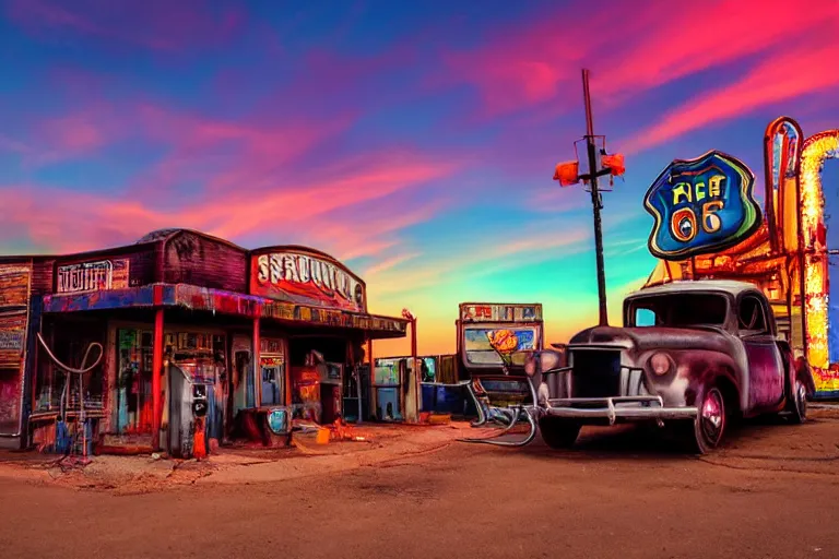 Image similar to a sunset light landscape with historical route 6 6, lots of sparkling details and sun ray ’ s, blinding backlight, smoke, volumetric lighting, colorful, octane, 3 5 mm, abandoned gas station, old rusty pickup - truck, beautiful epic colored reflections, very colorful heavenly, softlight