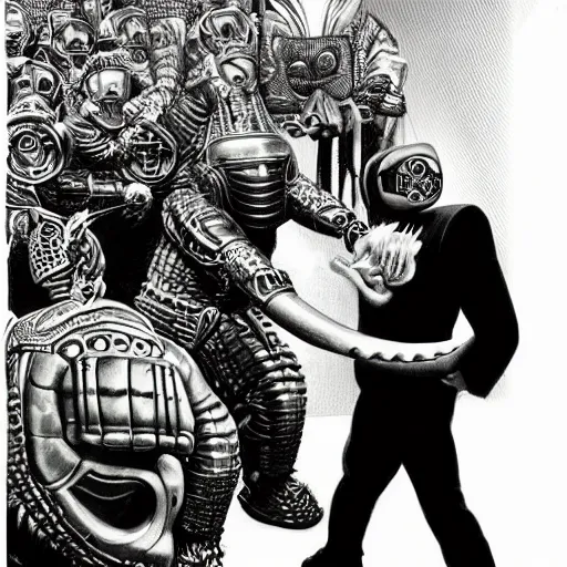 Image similar to beautiful lifelike painting of mf doom as king ghidora being taken to your leader, hyperreal detailed facial features and uv lighting, art by ed roth and basil wolverton