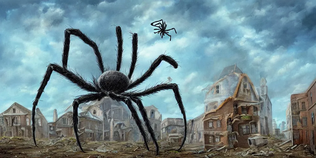 Image similar to surreal painting of giant spider walking through an abandoned town