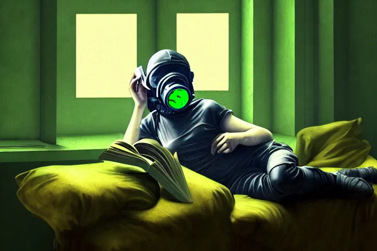 Image similar to girl with wearing a gas mask lying on the sofa reading a book in her room, in the style of dariusz zawadzki, solarpunk, exact anatomy, atmospheric, clean, intricate and epic composition, green by caravaggio, insanely quality, highly detailed, masterpiece, blue light, artstation, 4 k