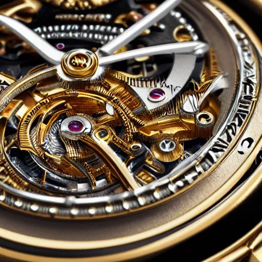 Prompt: a macro photo of a gold and silver mechanical wristwatch, close - up, intricately detailed engravings, intricately detailed markings, intricate textures, warm lighting, vivid colors, realistic octane render, hyper realistic render, volumetric shading, depth of field, raytracing, 8 k,