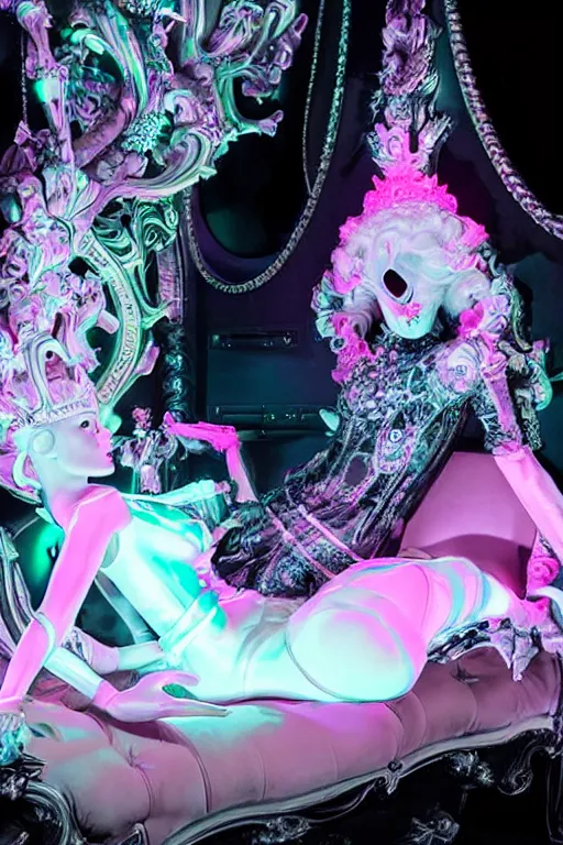 Image similar to full-body rococo and cyberpunk style neon statue of a young attractive Jose macho dotado e rico android sim roupa reclining con las piernas abertas e la piroca dura, glowing white lasers, glowing eyes, silver prince crown, black gears, pink diamonds, swirling mint-colored silk fabric. futuristic elements. ethereal white dripping tar. full-length view. human skulls. large pink balloon animals. intricate artwork by caravaggio. Trending on artstation, octane render, cinematic lighting from the right, hyper realism, octane render, 8k, depth of field, 3D