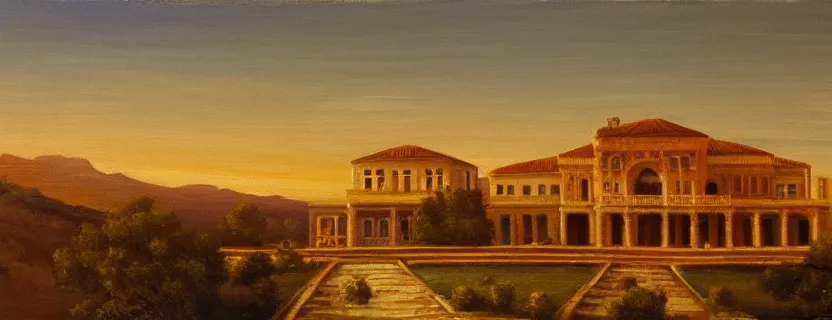 Prompt: oil landscape painting of a gigantic greek mansion, golden hour, concept art, renaissance, warm colors, wallpaper, 4 k, realistic lighting, brushstrokes, ultra - wide, minimalistic, cinematic composition