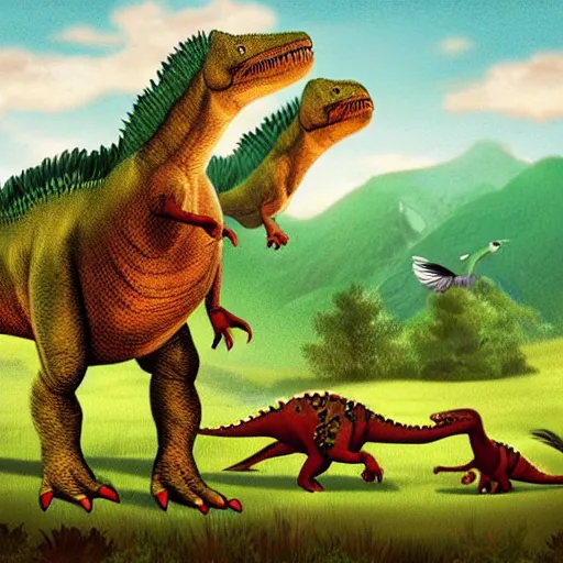 Prompt: dinosaurs with feathers, in a green valley