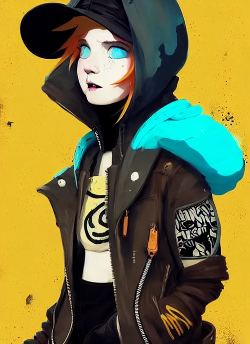 Prompt: highly detailed portrait of a sewer punk lady student, blue eyes, leather hoodie, hat, white hair by atey ghailan, by greg tocchini, by james gilleard, by kaethe butcher, gradient yellow, black, brown and cyan color scheme, grunge aesthetic!!! ( ( graffiti tag wall background ) )