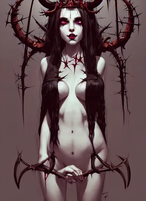 Prompt: portrait of cute succubus girl with crown of thorns and horns covered with runic tattoos, dark fantasy, by atey ghailan, by greg rutkowski, by greg tocchini, by james gilleard, by joe gb fenton, by in kaethe butcher, dynamic lighting, gradient light red, brown, blonde cream and white color in scheme, grunge aesthetic