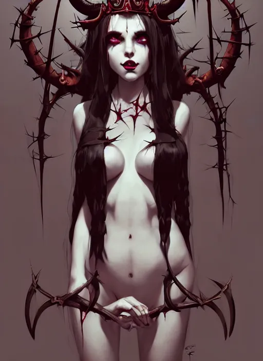 Image similar to portrait of cute succubus girl with crown of thorns and horns covered with runic tattoos, dark fantasy, by atey ghailan, by greg rutkowski, by greg tocchini, by james gilleard, by joe gb fenton, by in kaethe butcher, dynamic lighting, gradient light red, brown, blonde cream and white color in scheme, grunge aesthetic