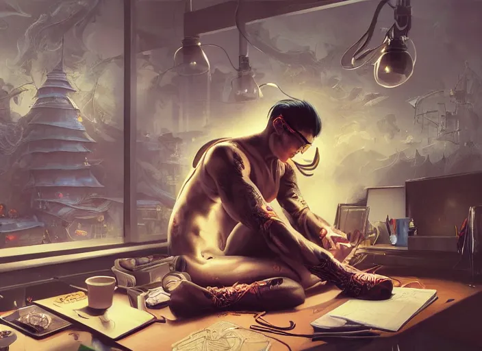 Image similar to an insanely detailed painting of an asian man wearing a homemade superhero costume, sitting at a desk, staring seriously at the computer and typing, in the style of peter mohrbacher, james jean, artgerm, dramatic lighting and composition, surreal background, octane render, pixar, trending on artstation, concept art, comic book, view from behind, 8 k