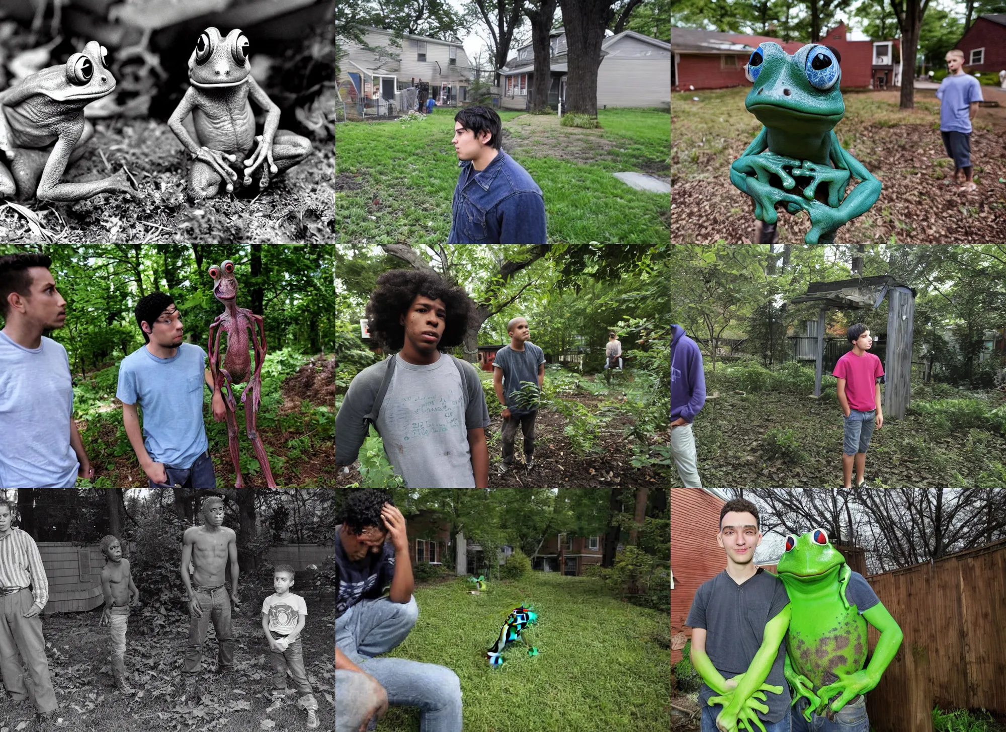 Prompt: A young man, living in the Meadowlands, New Jersey, recalls an event where his 2 nephews encountered what they described as 'frog people' in their backyard.