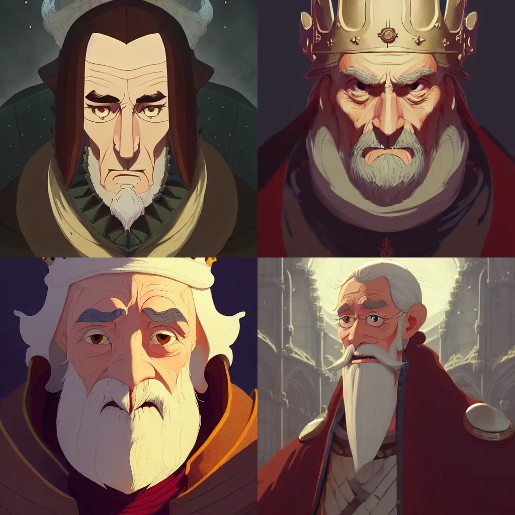 Prompt: portrait of medieval old king, artstation, cartoon, elegant highly detailed digital painting, concept art, smooth, sharp focus, makoto shinkai, don bluth, fujita goro, giraud, tom whalen, atey ghailan, michel ocelot, akihiko yoshida, fadeev