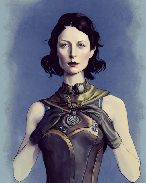 Image similar to in the style of joshua middleton, artgerm, beautiful caitriona balfe, steampunk, bioshock, full body, blue dress, elegant pose, middle shot, spooky, symmetrical face, symmetrical eyes, detailed realisitc eyes, three point lighting, detailed realistic eyes, detailed and intricate