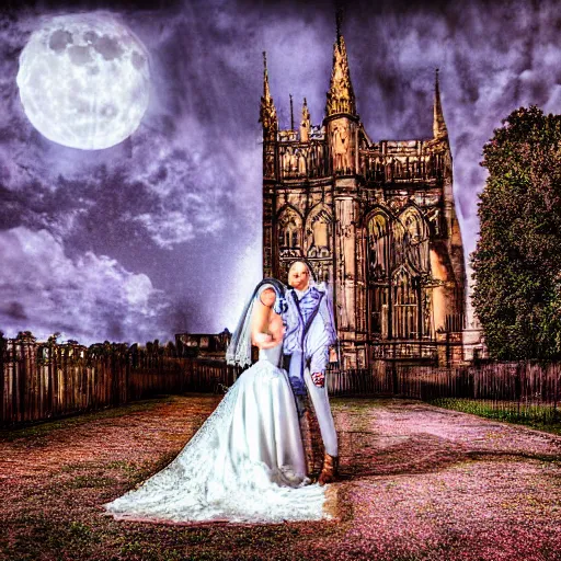 Image similar to a gothic wedding under a full blue moon, realistic, award - winning, 4 k, high resolution, hdr photograph