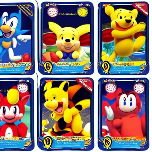 Image similar to photograph of winnie the pooh and super mario and sonic the hedgehog anime style, on pokemon card packs at target