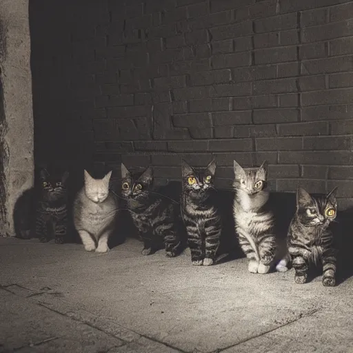 Image similar to photo of a group of stray cats watching television in a dark alley, studio lighting moonlit