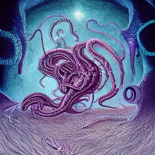 Image similar to “the corpse of a cthonic being drifting amoung the stars. Lovecraftian art. Extreme detail. Coherent composition. Mœbius. Digital painting”