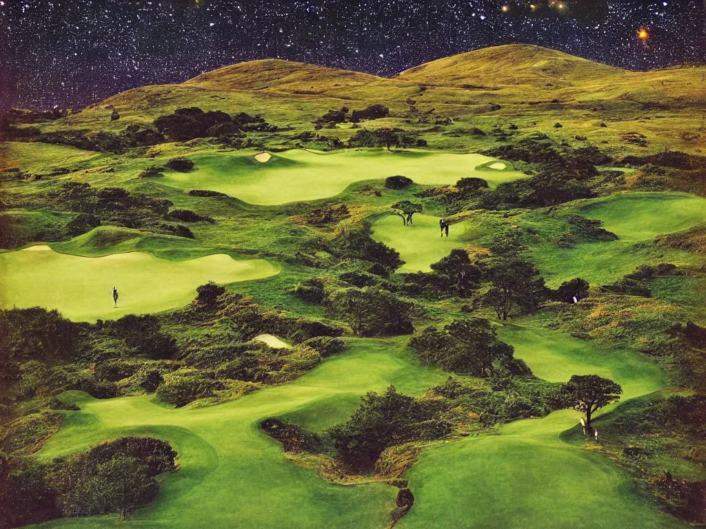 Image similar to birds eye view of a perfect elysian dreamlike green hilly pastoral psychedelic golf course landscape with stone walls under cosmic stars, memory trapped in eternal time, golden hour, dark sky, evening starlight, stone walls, haunted vintage psychedelic polaroid by hiroshi yoshida