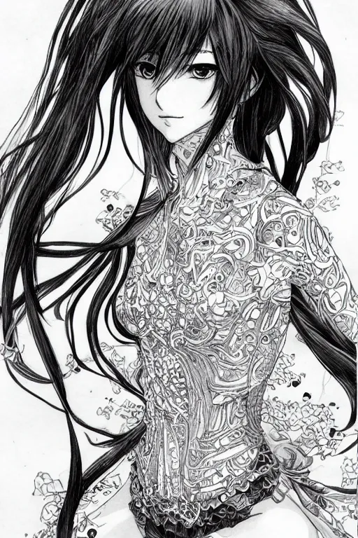 Image similar to anime woman, pen and ink, intricate line drawings, art by krenzcushart, by yoshitaka amano, kentaro miura, artgerm, wlop,