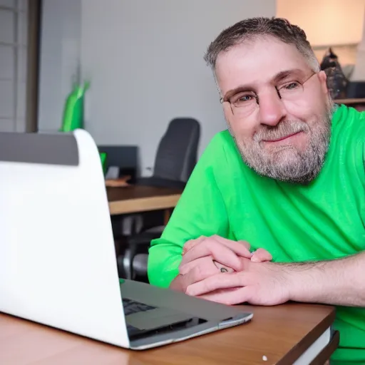 Prompt: caucasian man with green shirt sitting in front of computer with camera! mounted on top