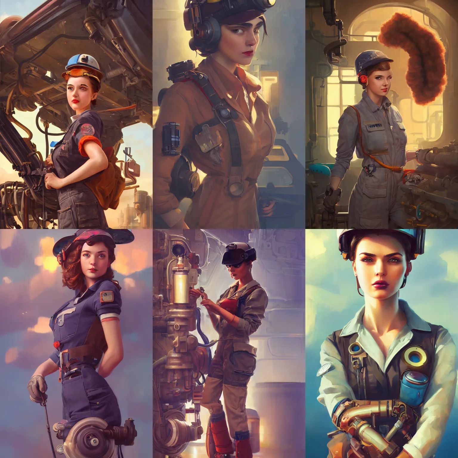 Image similar to a portrait of a cute female mechanic, dieselpunk setting, vivid colors, soft lighting, atmospheric, cinematic, moody, in the style of artgerm and greg rutkowski, oil on canvas, 8 k