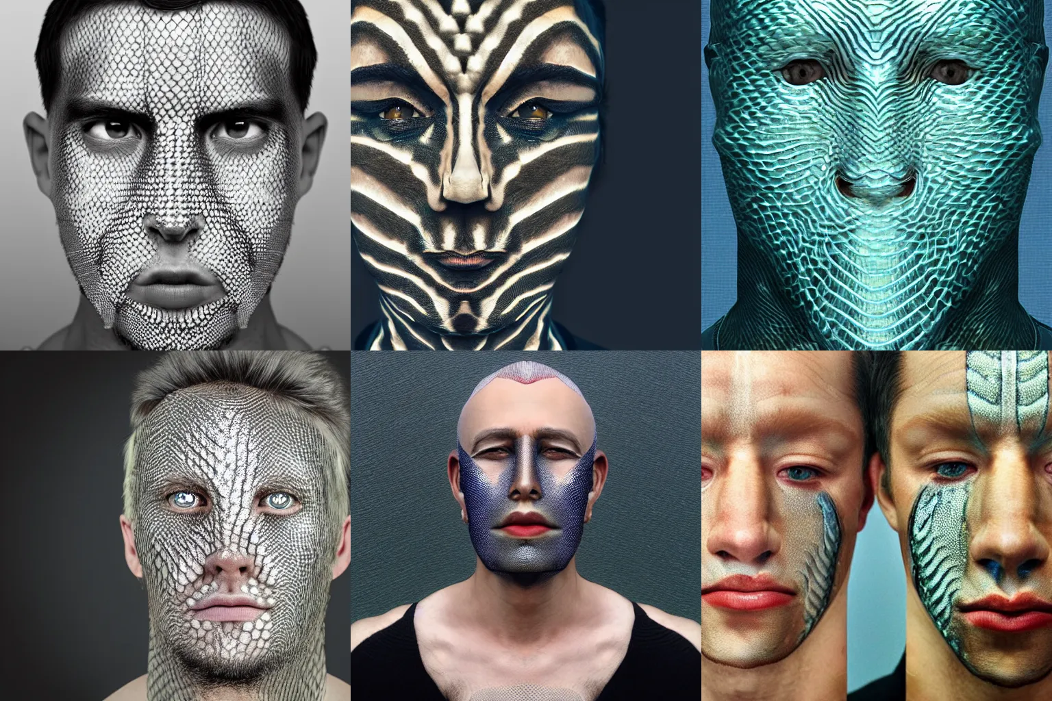 Prompt: Man with fish scales as skin, symmetrical face, photorealistic