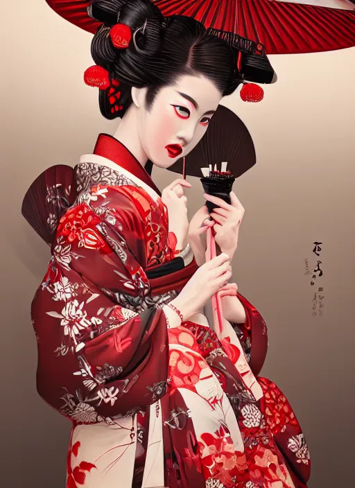 Image similar to geisha dressed witha kimono of smoke, fluent composition, red and white neon, concept art, ambient light, 4 k, intricate details, highly professionally detailed, cgsociety, highly detailed -