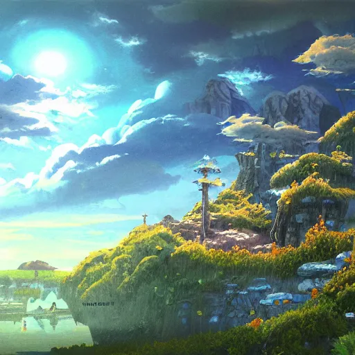 Prompt: a fantasy landscape painted by hayao miyazaki