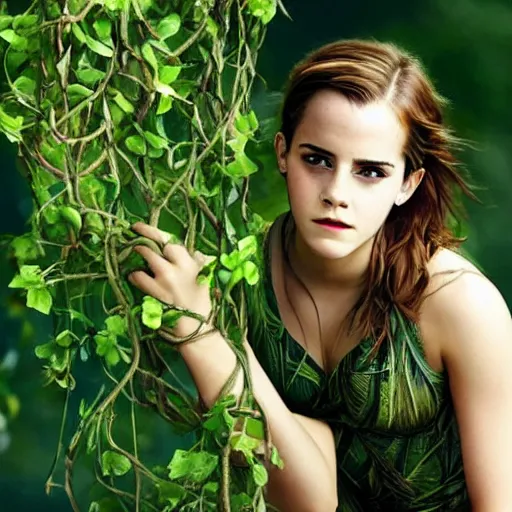 Image similar to emma watson hanging from and entangled in vines in the style of tarzan