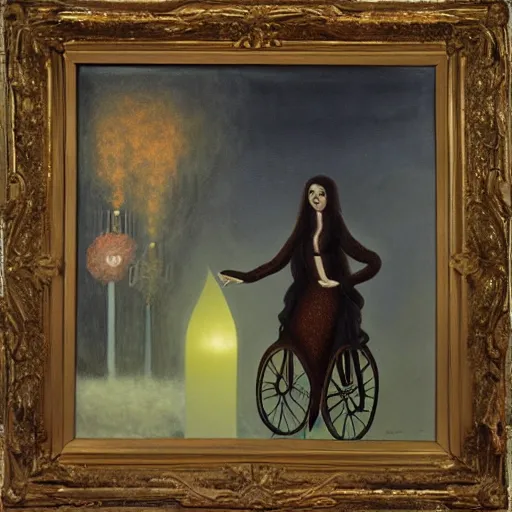 Prompt: by remedios varos, a long haired woman riding a bicycle towards a giant candle in the distance, oil painting, met collection, high resolution