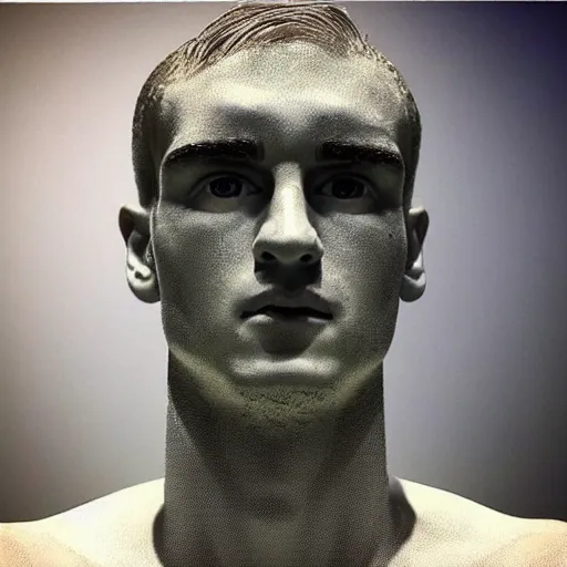 Image similar to “ a realistic detailed photo of a guy who is an attractive humanoid who is half robot and half humanoid, who is a male android, soccer player antoine griezmann, shiny skin, posing like a statue, blank stare, at the museum, on display ”