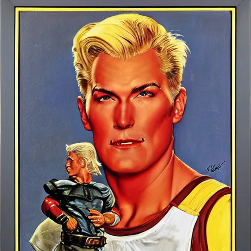 Image similar to a portrait painting of Flash Gordon. Painted by Norman Rockwell