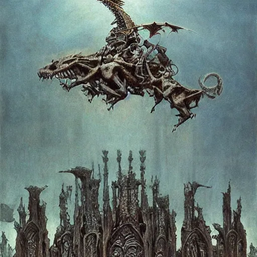 Image similar to cathedral made of bones, dragons fighting in the air, hellscape by beksinski