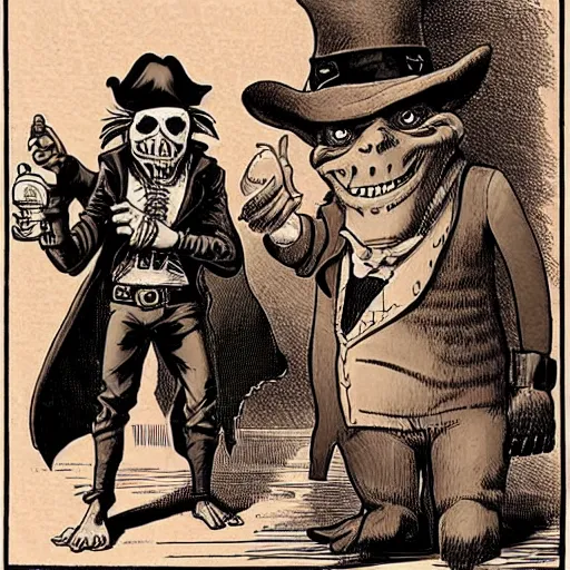 Image similar to a goblin with a large nose and a pirate with a bandana negotiating a contract with Micheal Morbius in a Western saloon.