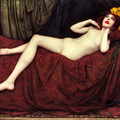 Prompt: preraphaelite photography reclining on bed, a hybrid of a hybrid of judy garland and liza minelli and a hybrid of lady gaga and anne hathaway, aged 2 5, big brown fringe, wide shot, yellow ochre ornate medieval dress, john william waterhouse, kilian eng, rosetti, john everett millais, william holman hunt, william morris, 4 k