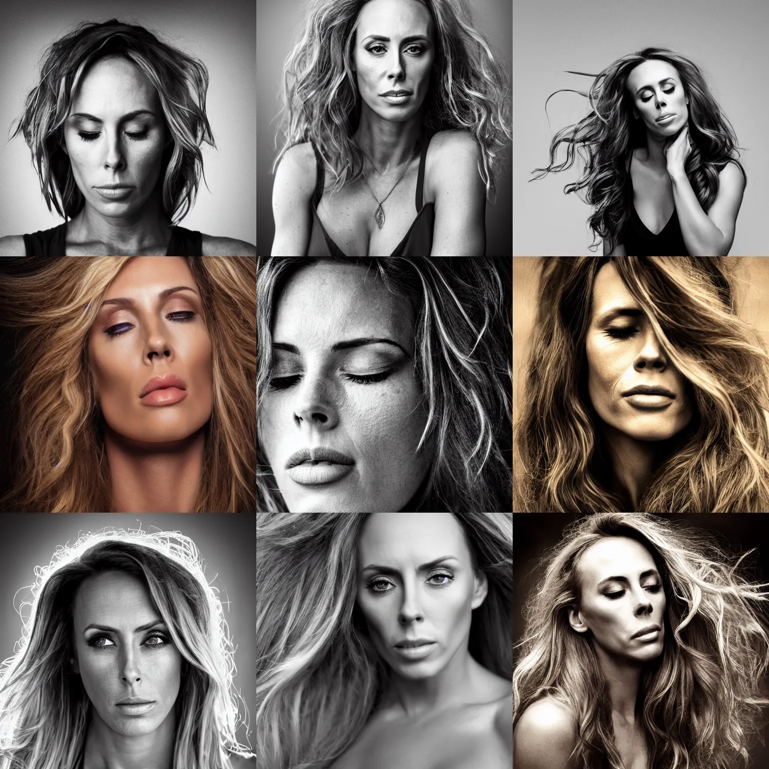 Prompt: full-face portrait of Nicole Aniston gently hugging with waist-length incredible hair by Richard Avendon and Lee Jeffries, eyes closed, aquiline nose, XF IQ4, 150MP, 50mm, F1.4, ISO 200, 1/160s, natural light, Adobe Lightroom, photolab, Affinity Photo, PhotoDirector 365
