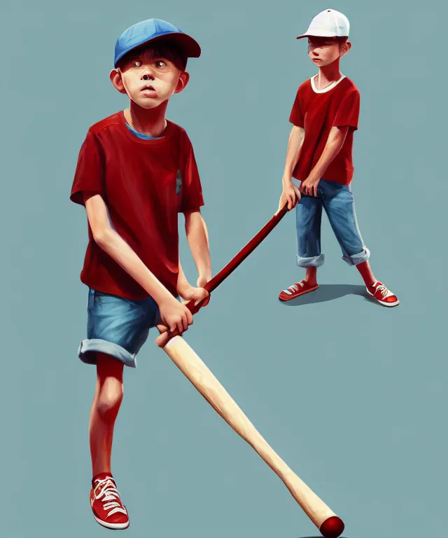 Prompt: a young boy wearing a horizontal striped shirt and a red baseball cap and jean shorts, holding a baseball bat, centered composition, digital painting, artstation, concept art, sharp focus, octane render, illustration, art by james jean,