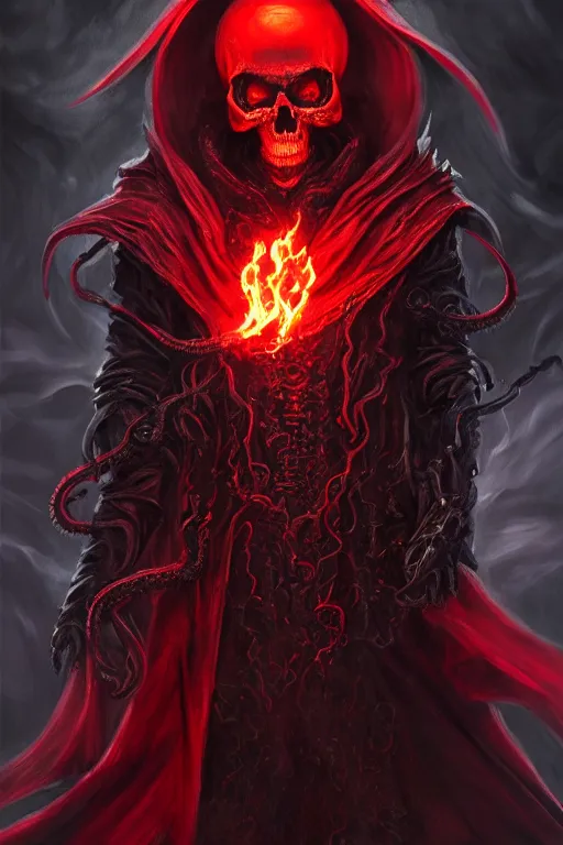 Image similar to A full body portrait of a mysterious character with a flaming skull with a very long hooded blood red and black cloak, tentacles coming out the ground art by James Paick, and Shaddy Safadi, ominous, cosmic horror, trending on artstation, Ultra detailed, hyper realistic 4k