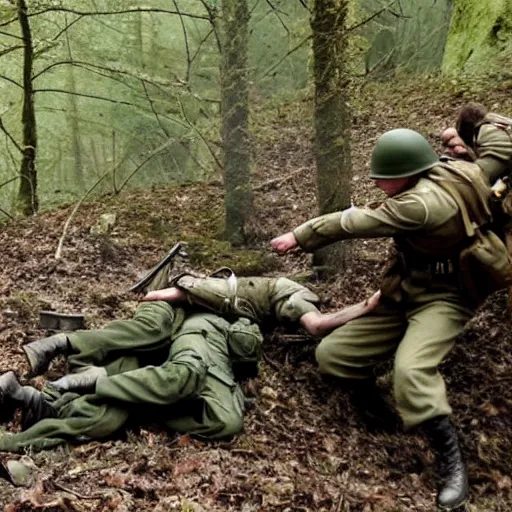 Image similar to ww 2 battlefield encounter in the woods between 2 american soldiers and a german soldier fighting for their lives