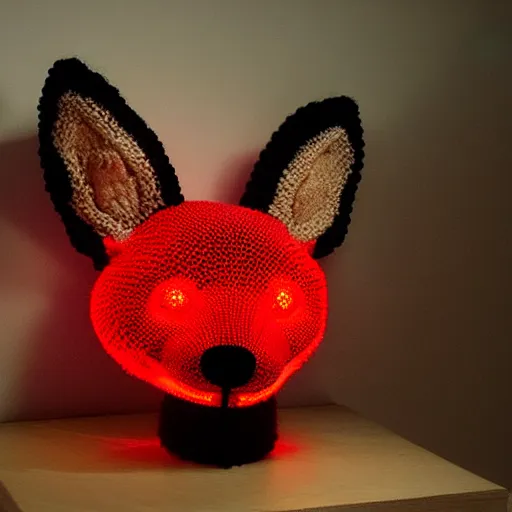 Prompt: a knitted red fox head dynamic lighting museum