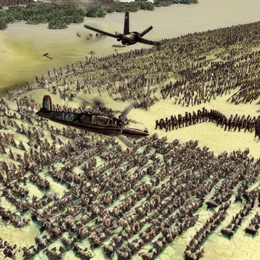 Image similar to birds eye view of the normandy landing in the style of saving private ryan and age of empires