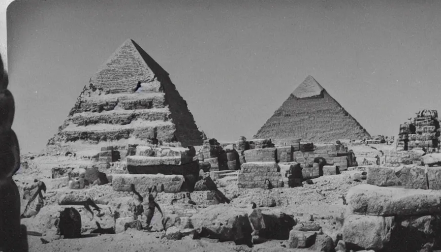 Prompt: Aliens lift blocks of stone with UFOs to build the Pyramids! in Egypt, antique analog polaroid picture, Photography