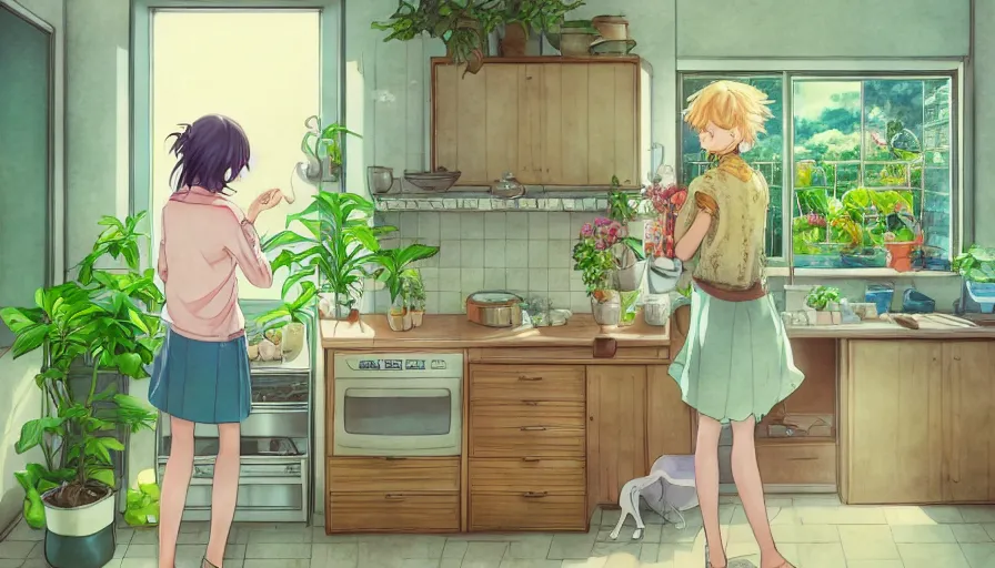 Image similar to a woman standing in a kitchen next to a plant, a storybook illustration by kiyohara tama, pixiv contest winner, magic realism, pixiv, official art, anime aesthetic