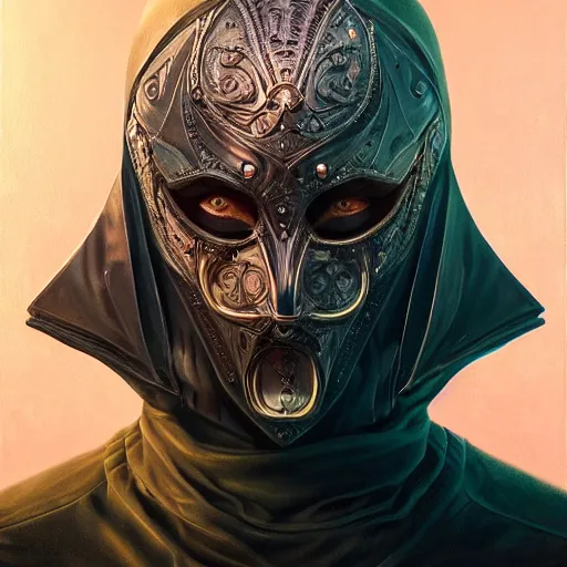 Image similar to Very very very very highly detailed epic photo of full face with scary venetian mask, intricate, dystopian, sci-fi, extremely detailed, digital painting, artstation, concept art, smooth, sharp focus, illustration, intimidating lighting, incredible art by Artgerm and Vincent di Fate