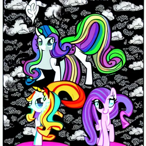 Image similar to my little pony in the style of junji ito