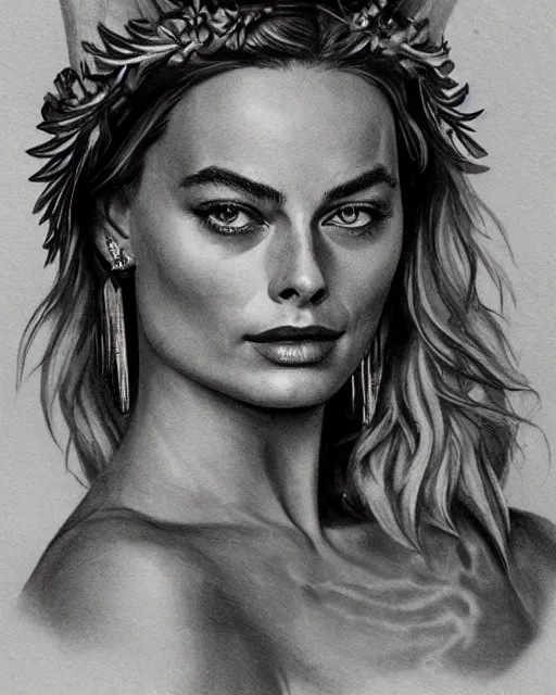 Image similar to realism tattoo sketch of margot robbie as a beautiful greek goddess aphrodite with piercing eyes wearing a laurel wreath and triangle earrings, in the style of greg rutkowski, amazing detail