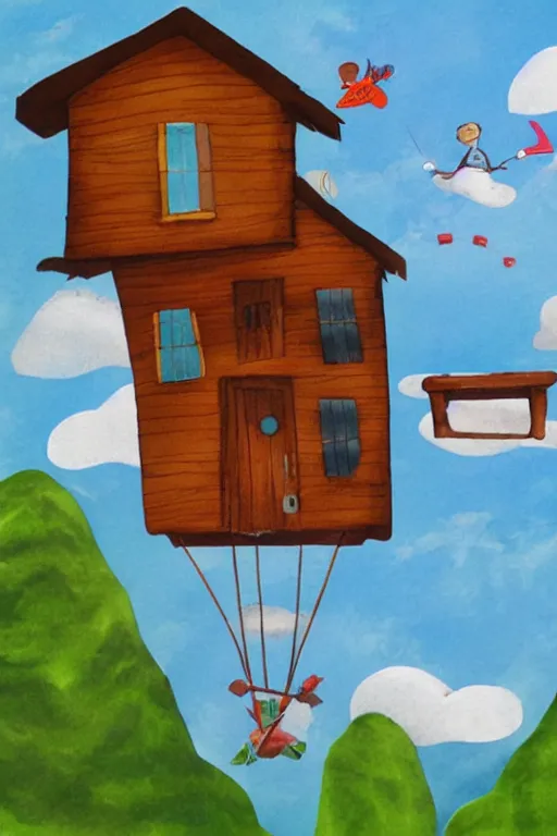 Prompt: a children's book illustration of an adventure cabin flying through the clouds