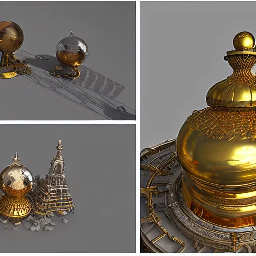 Prompt: hyper detailed hardsurface modelled 3 d geometry, houdini destruction of aminimalist design temple, tarnished gold sphere is far far in the distance, deep perspective, wide angle, insanely detailed and intricate,, eal, gold, silver red, paradise hospital environment,