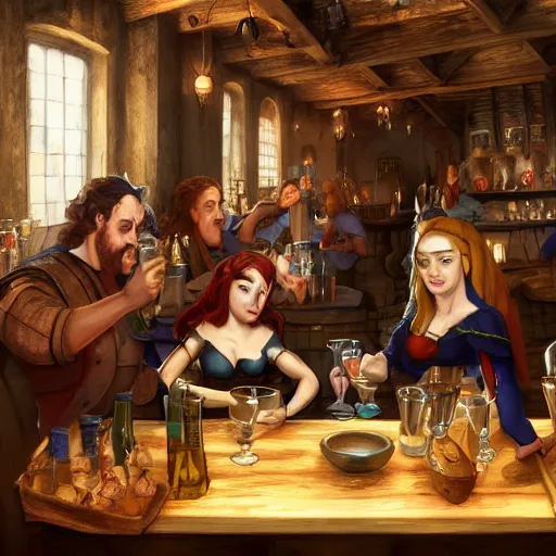 medieval tavern with barmaid and patrons drinking, | Stable Diffusion